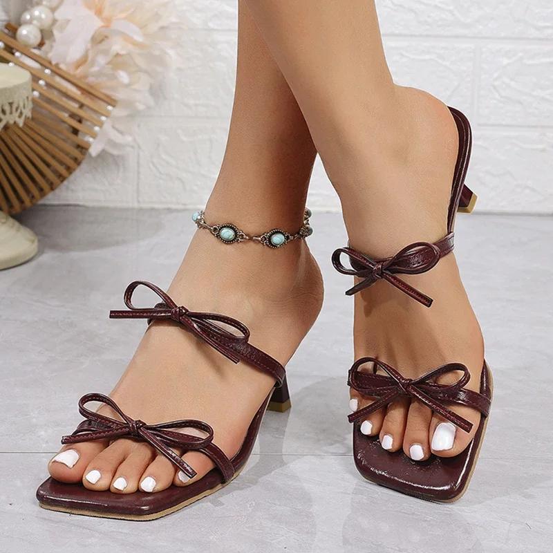 Fashion Sexy Wine Red Straps High Heels Sandals Women Square Toe Bowtie Summer Slippers Woman Heeled 2025 Elegant Party Wedding Shoes 42