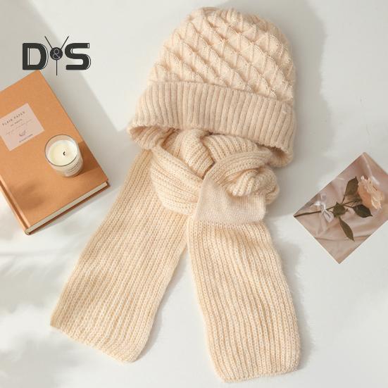 Women Winter Hat with Integrated Scarf Thick Warm Knitted Windproof High Elasticity Full Protection Outdoor Travel Cold Weather Cycling Cap