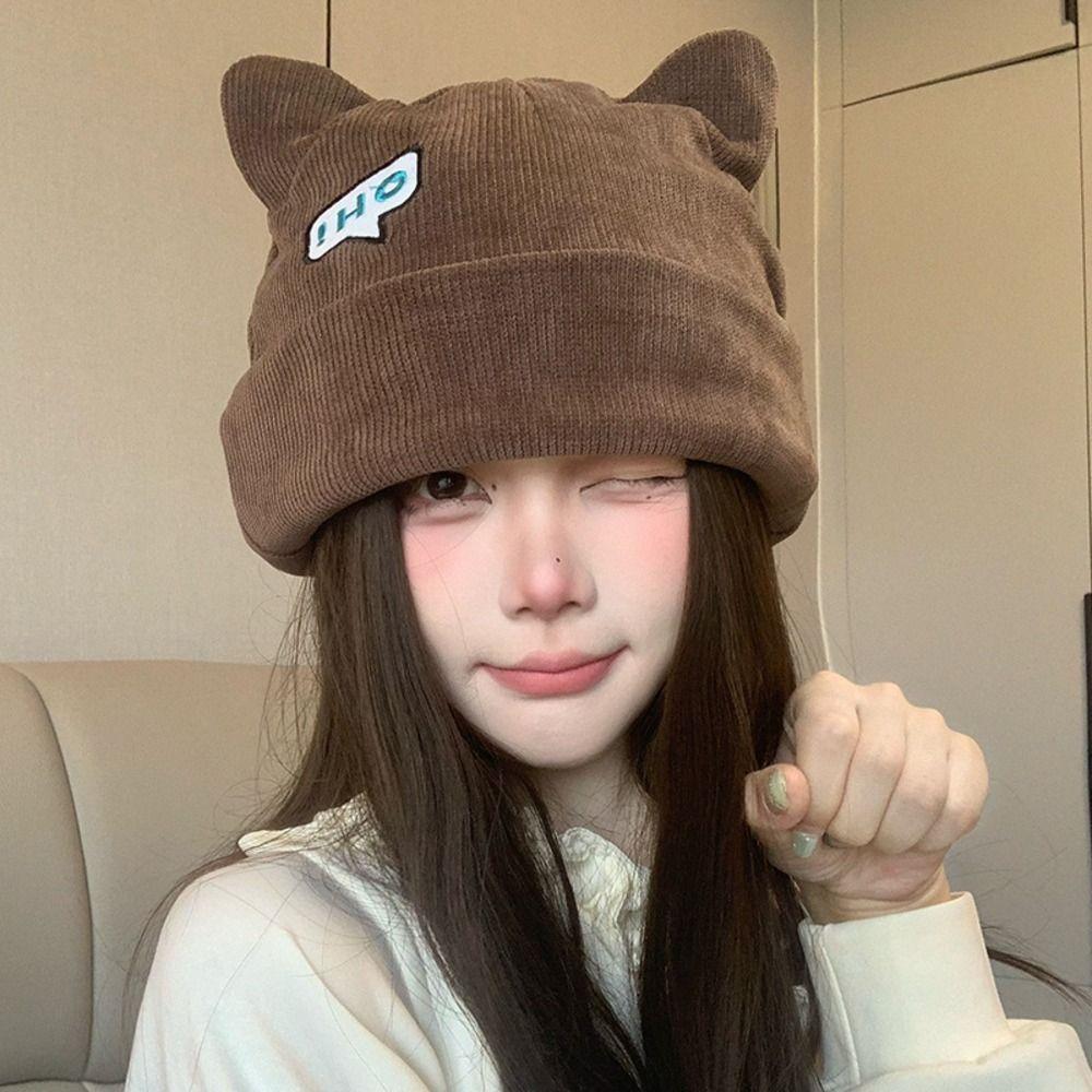 Polyester Cat Ear Beanie Hat Large Head Circumference Fall Winter Skull Cap Casual Use