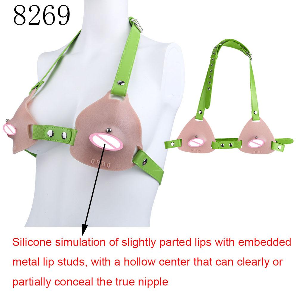 QKKQ PU Leather Silicone Red Lips Bra Realistic Labia Underwear Chest Pleasure Breast Bondage Chest Bodice For Couple FlirtingGood product
