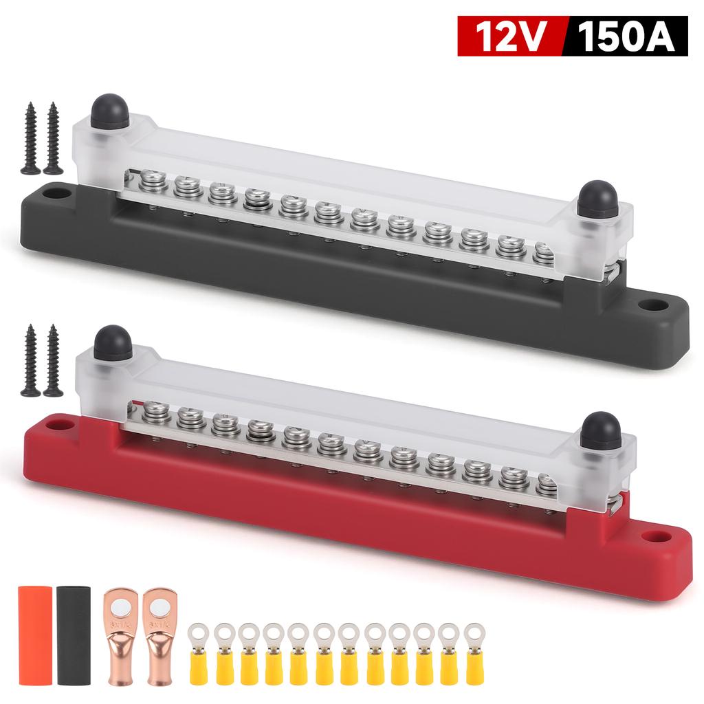 12Way Terminal Bus Bar M6 Stud Power Distribution Block 12-48V 150A DC Electrical BusBar with Cover For Truck Boat Car Camper RV