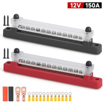 12Way Terminal Bus Bar M6 Stud Power Distribution Block 12-48V 150A DC Electrical BusBar with Cover For Truck Boat Car Camper RV