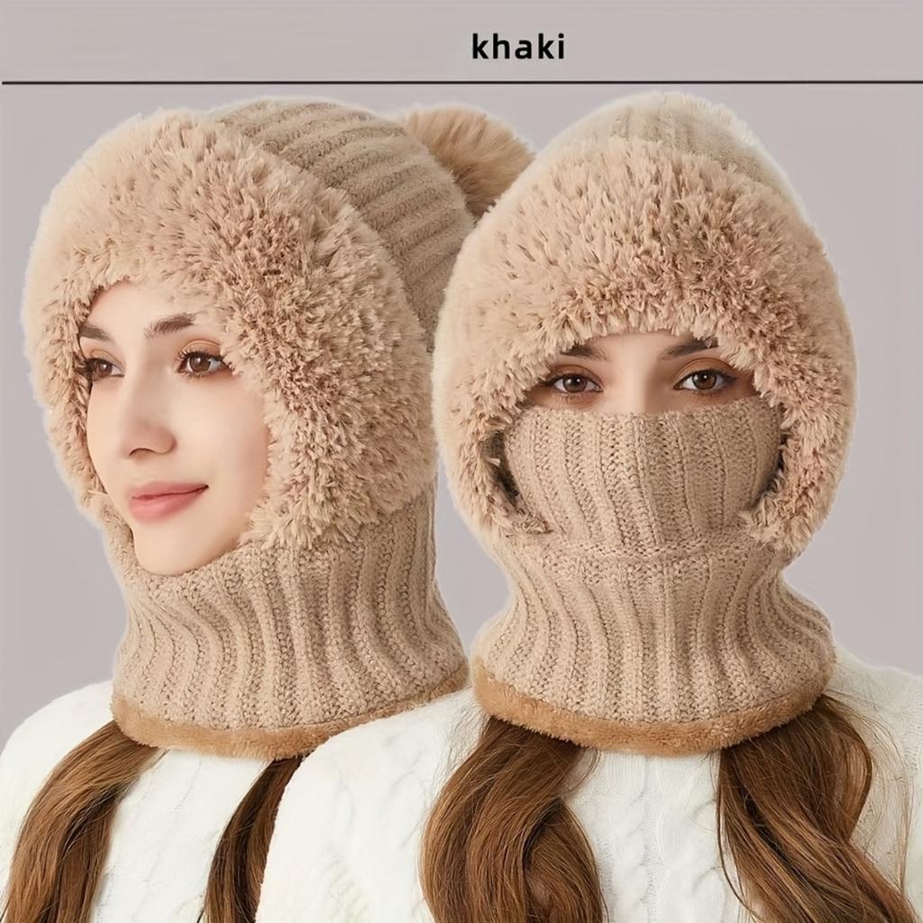 Women's Winter Hat Face Mask and Plush Earrings - Soft and Warm Full Face and Head Cover- Soft Fleece Lining Women's Winter Hat