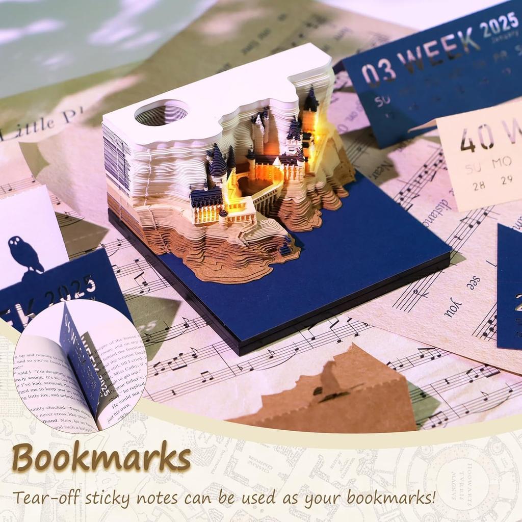 3D Memo Pads Calendar 2026,Magic Castle 3D DIY Art Memo Pad with Lights,Time Piece Calendar 2025 Tear Away Carving Sticky DIY Post Craft(Magic Castle)