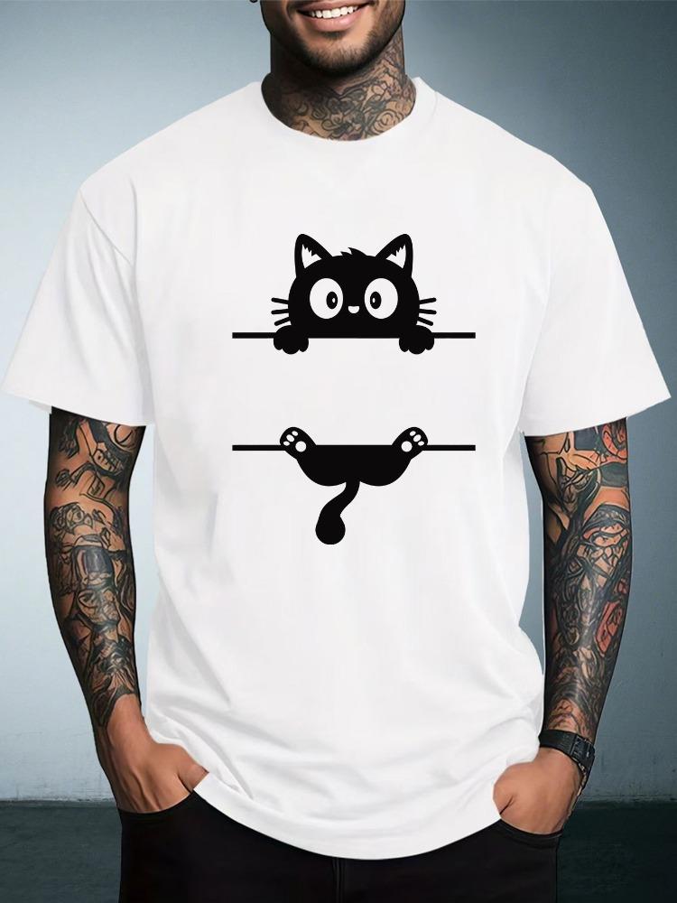 Unisex Summer Crew Neck T Shirt Cute Split Black Cat Graphic Print Loose Short Sleeve Casual Streetwear Daily Wear Tops