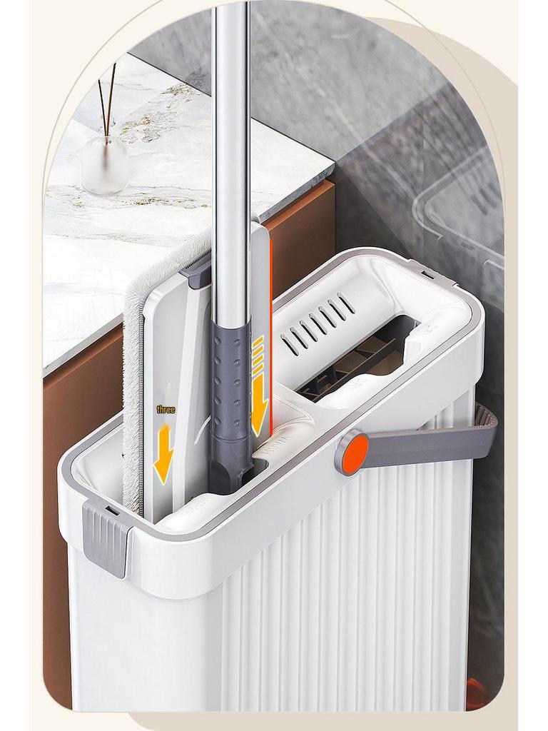 Kompaktes Wischmop- und Eimer-Set: Freihändiger Wasch- und Trocken-Flachmopp mit Schmalspalt-Schaber