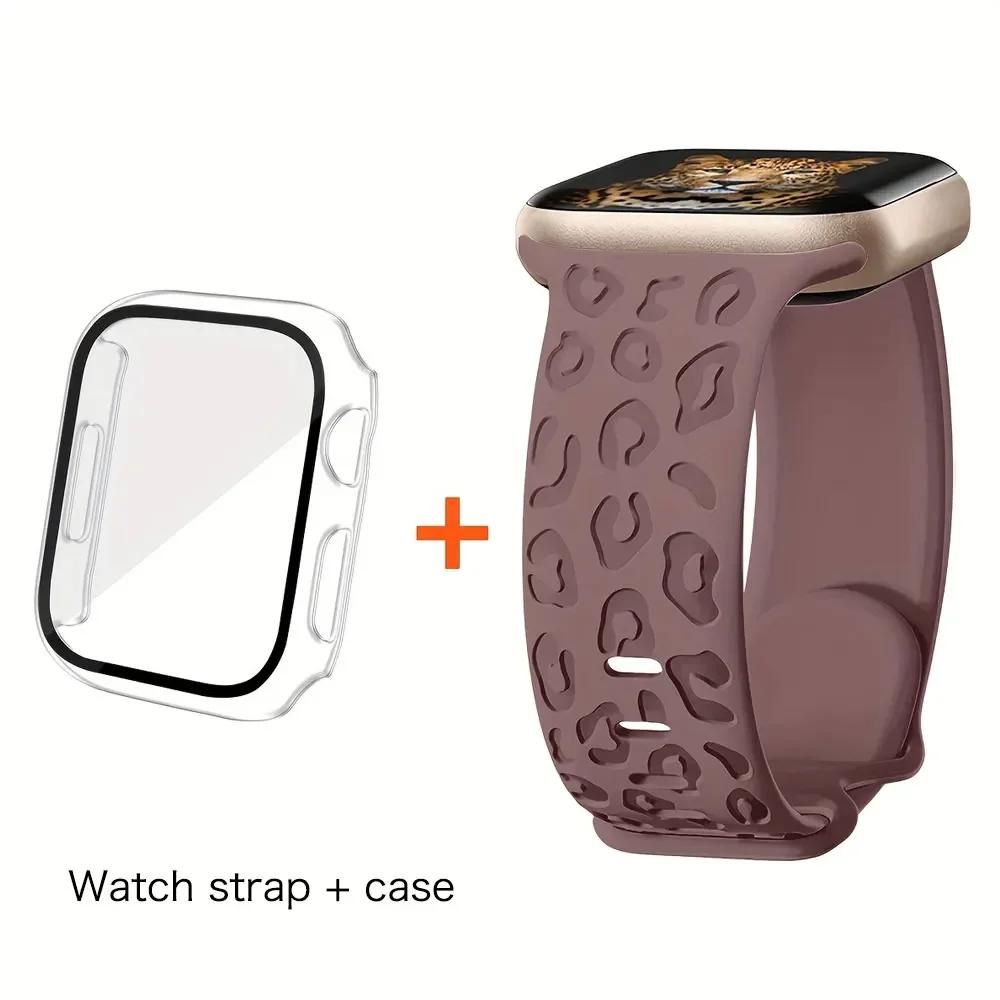 Glass+Case+Strap for Apple Watch Band 45mm 44mm 41mm 40mm Engraved Leopard belt for Apple IWatch Series 10 8 7 6 SE 5 46mm 42mm