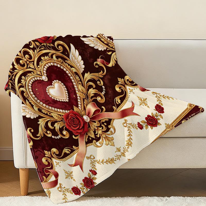 Luxury Court-Style Flannel Fleece Blanket Rose & Heart Pattern, Machine Washable, Soft Warm Throw for Home, Office Nap, Perfect Valentine's Gift