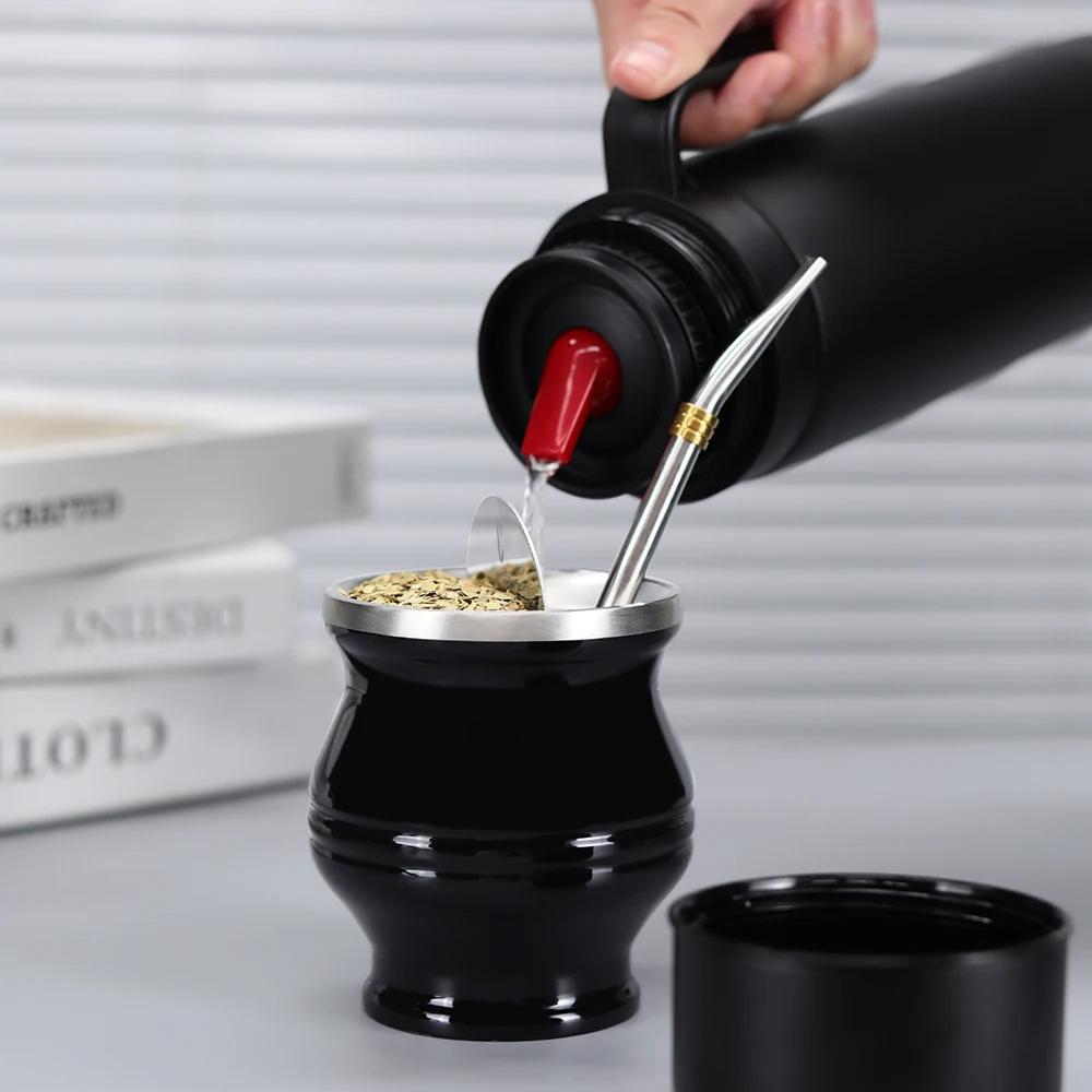 1000 ml Vakuum-Thermoskanne, weite Öffnung, mattschwarz, Edelstahl-Vakuumflasche für Yerba Mate, Kaffee, Tee, Wasser