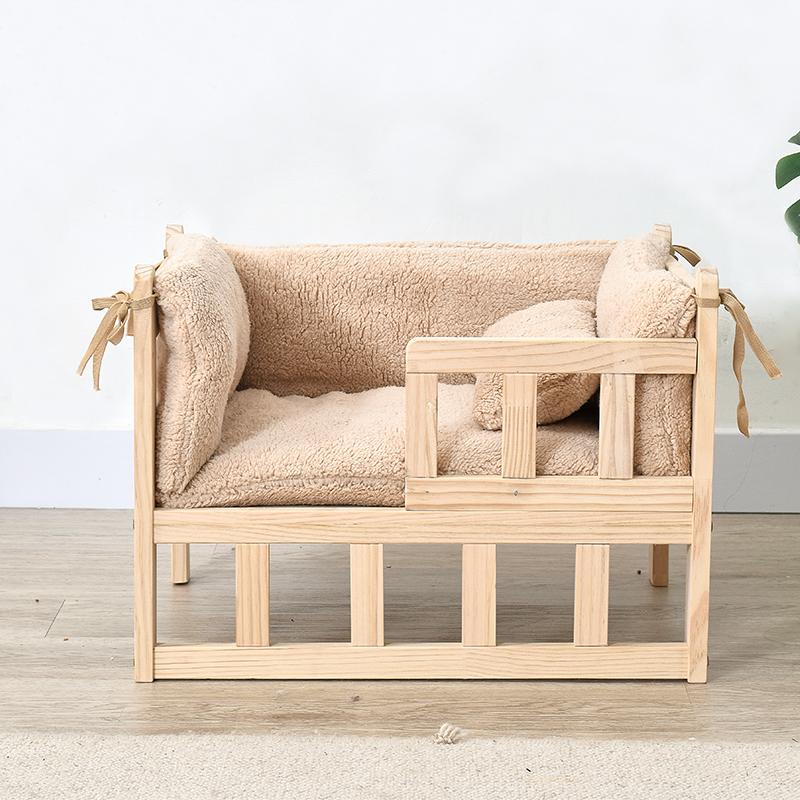 Elevated Solid Wood Pet Bed 4-Season Breathable Dog Kennel Ground Moisture-proof House for Small Dog & Cat Indoor Pet Furniture