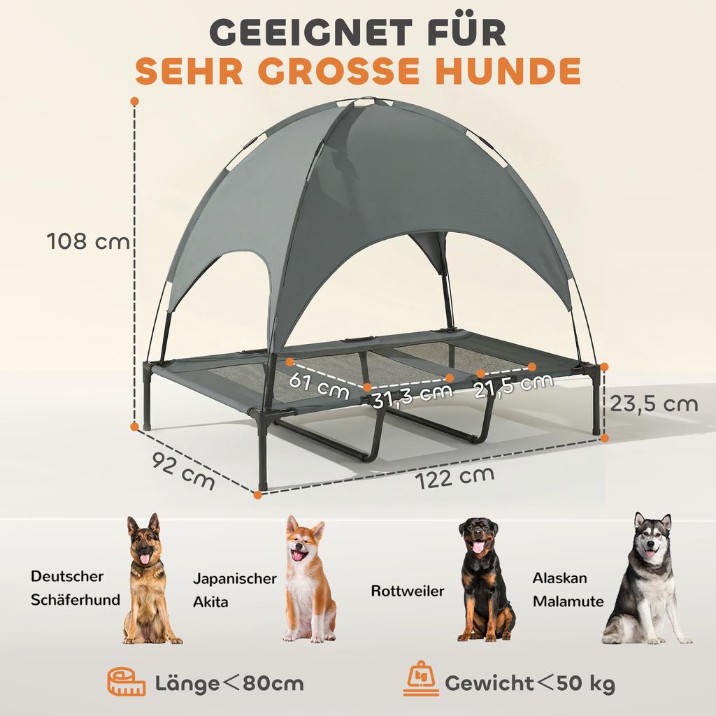 Elevated Dog Bed with Canopy, Outdoor Pet Lounger, Taffeta Fabric, Grey, 122 x 92 x 108 cm