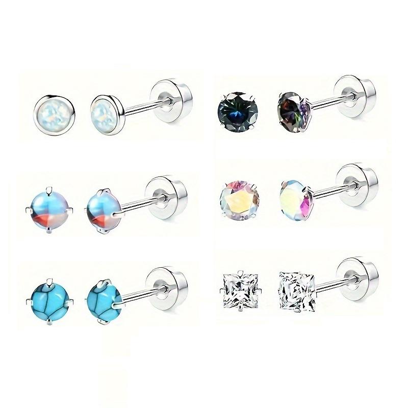 12 Pairs Stainless Steel Earrings Hypoallergenic 20G Medical Steel Cartilage Opal CZ Pearls Sleeping Earrings