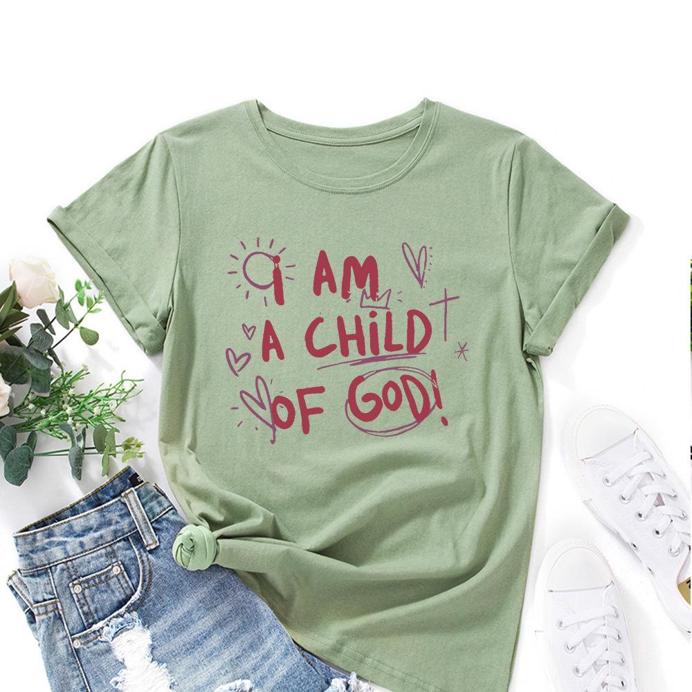 A Child of God Alphabet Cotton T-Shirt Short Sleeve Round Neck Women 2d Print Tops