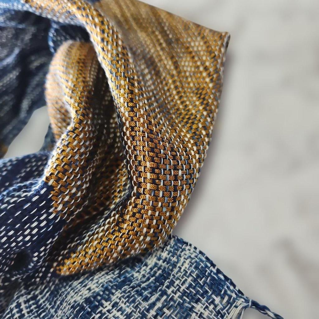 Used New, hand-woven stole, navy (indigo dye) and dark gold