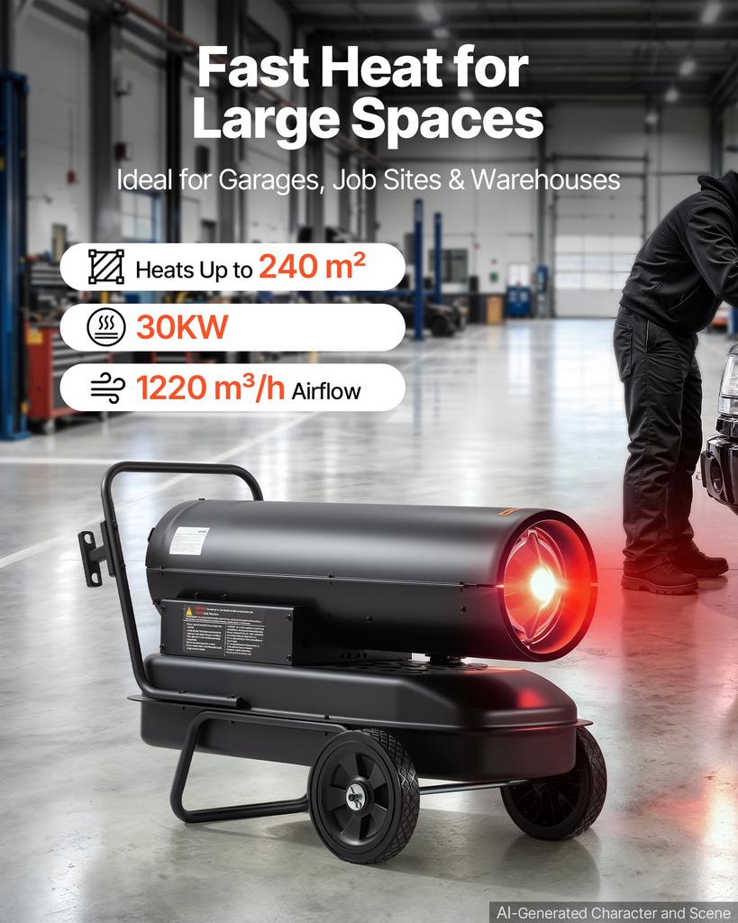 VEVOR Forced Air Kerosene Heater, 30kW Portable Diesel Torpedo Space Heater, for Garage, Warehouse, Workshop, Job Site, Construction