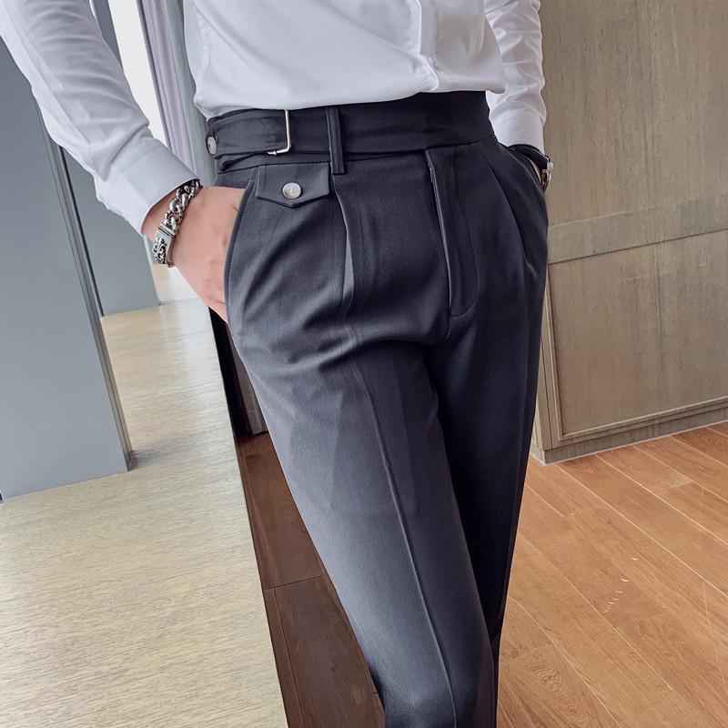 Men's Autumn White Slim Fit Trousers with Unique Waistband–Korean Style