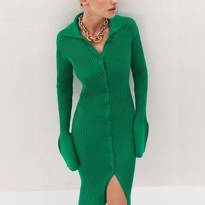 Knit Dress Women Flip Collar Flare Sleeve Long Sweater Sexy Slim Single Breasted Buckle Solid Color Base Shirt Temperament Commut Fashion Fall Winter