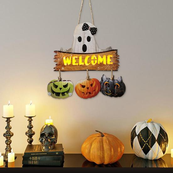 

Halloween Door Sign with LED Light Wooden Pumpkin Ghost Door Wall Hanging Decoration with Lanyard Welcome Sign Indoor Outdoor Decor