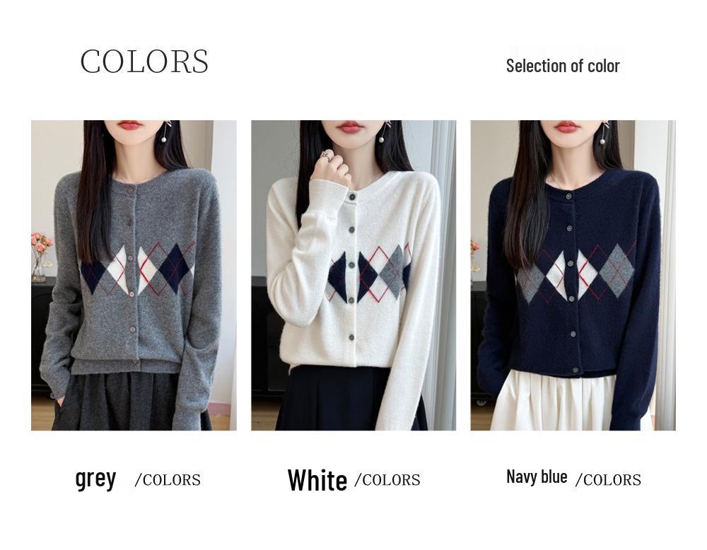 Women's Retro College Style Wool Round Neck Diamond Pattern Cardigan