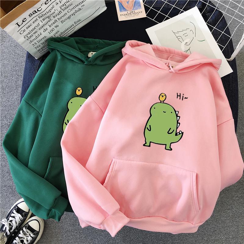 Harajuku Hoodie Kawaii Dinosaur Print 2020 Winter Clothes Women Loose Oversized Sweatshirt Warm Trend Casual Graphic Korean Top