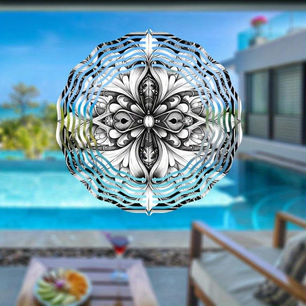 Handcrafted Black & White Metal Wind Spinner - Intricate Floral Design, Dual-Direction Spinning Garden Chime | No Power Needed