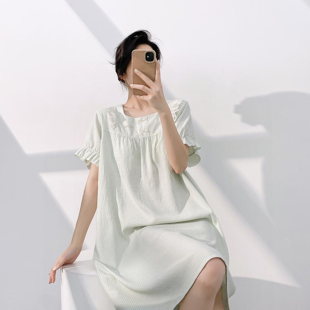 Princess style pajamas women's spring and summer new cloud cotton yarn-dyed lattice short-sleeved sweet nightdress loungewear with chest pad