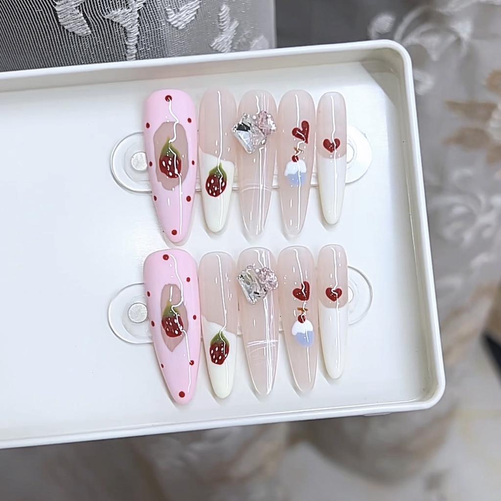 Handmade Phototherapy Wear Strawberry Jam Long Thin Dog Cat Eyes Pure French Finished Manicure Stickers