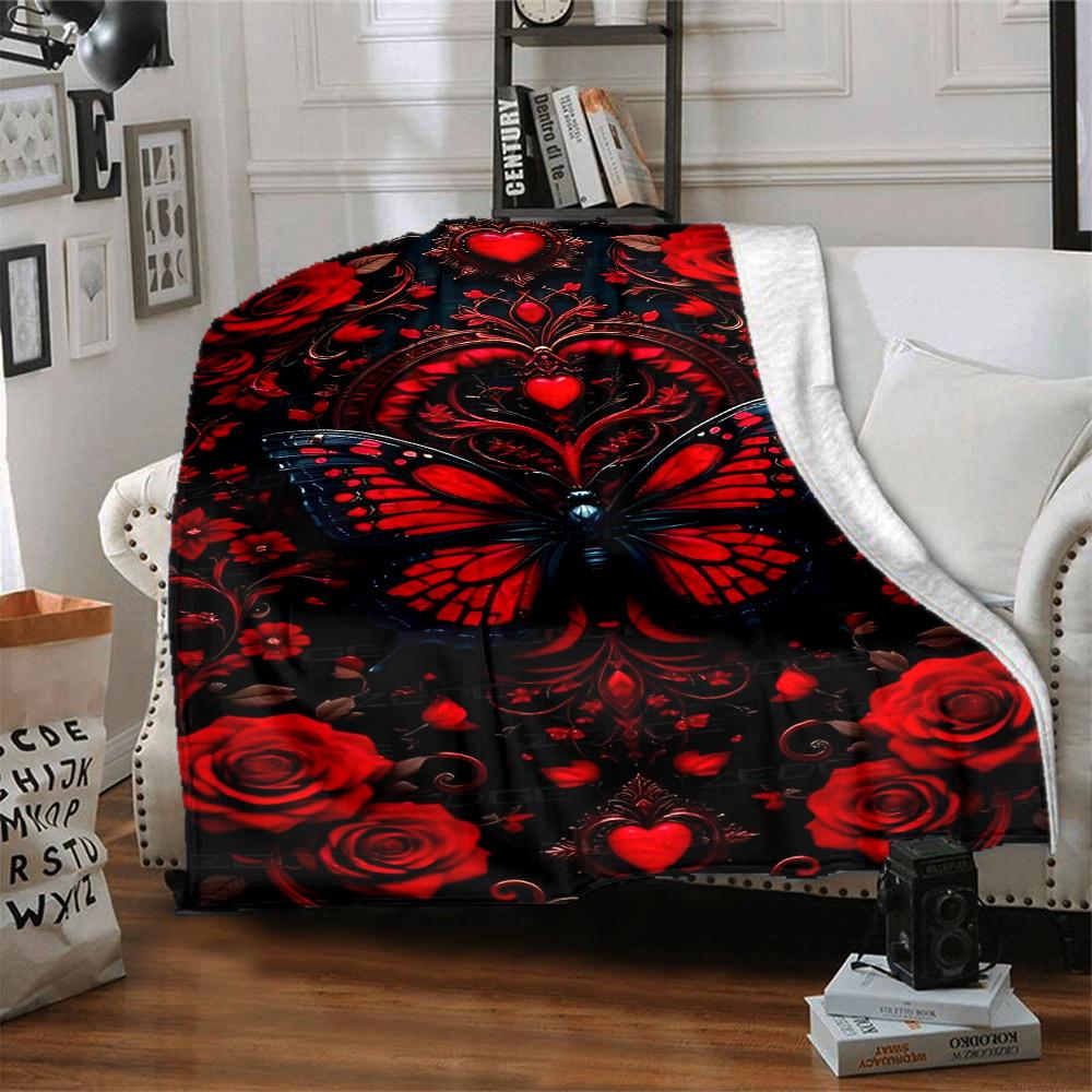 1pc Red Butterfly Roses Blanket Lightweight Flannel Blanket Throw Blanket For Sofa, Bed, Travel, Camping, Livingroom, Office, Couch, Chair, And Bed Yy