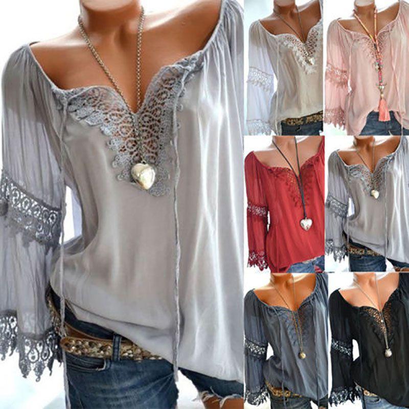 Sexy Women V Neck Long Sleeve Lace Up Shirt Casual Blouse Top Lady Loose T Shirt