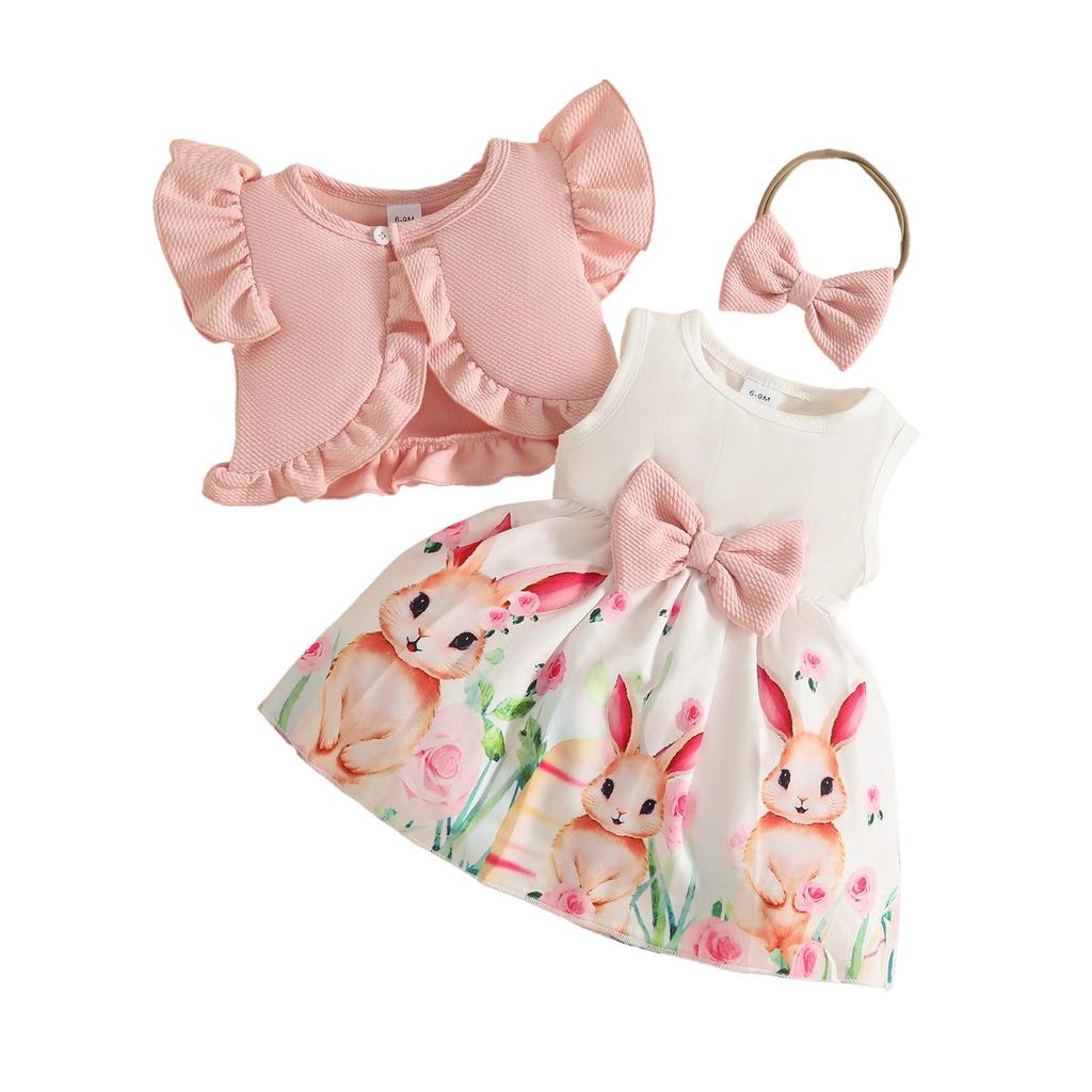 0-3J Baby Mädchen Oster-Schmetterlingsärmeljacke & Kaninchenkleid Set