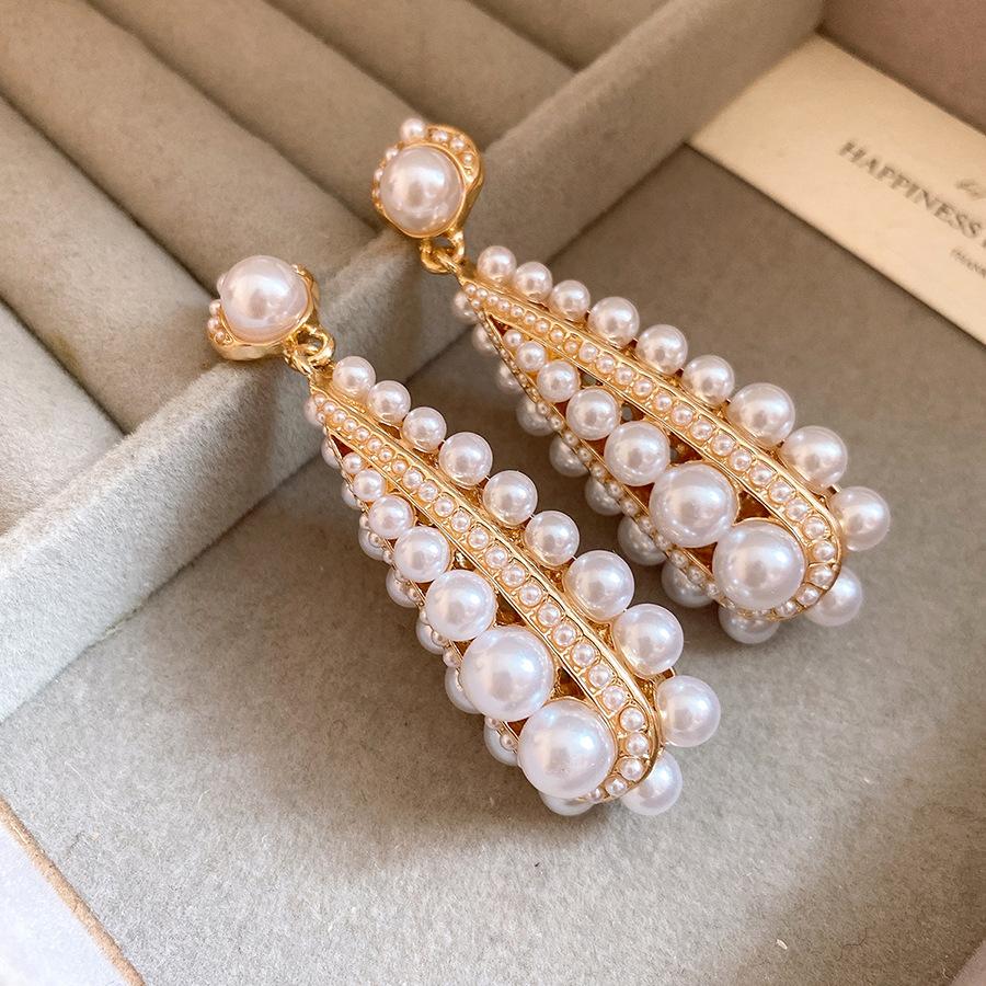 Retro Round Pearl Water Drop Pendant Earrings Elegant Women Jewelry