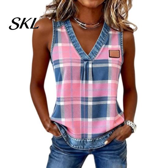 Soft Fabric Vest Summer for Women, V-Neck Sleeveless Tank Tops, Plaid Print Loose Fit Shoulder Strap Reinforced Casual Camisole with Collar Hem, Slim