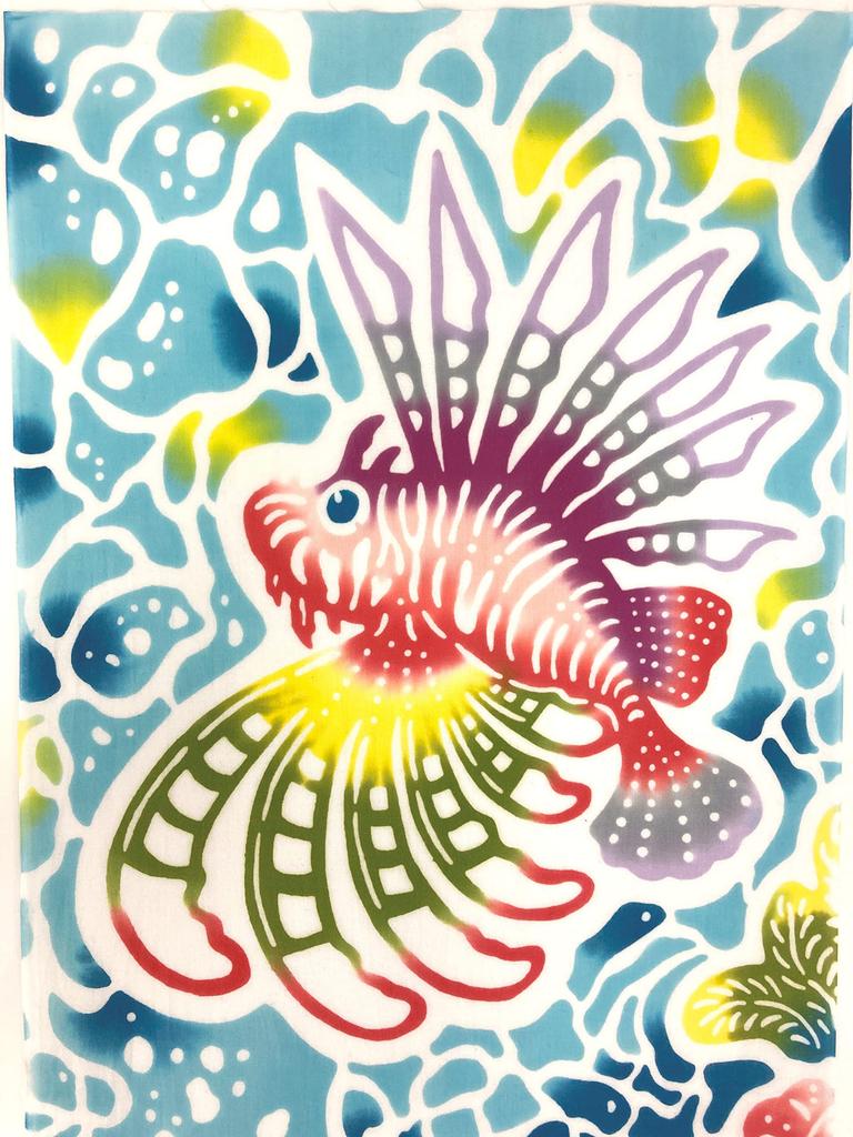 Yagisei Tenugui Hand Bingata Artist Series of Dancing Okinawa Colorful Made In Japan Chū-sen (Dyed Towel) "Sea Lionfish"