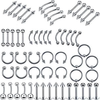 60-Piece Stainless Steel Lip, Stud, and Nose Ring Set – Popular European & American Piercing Jewelry Accessories