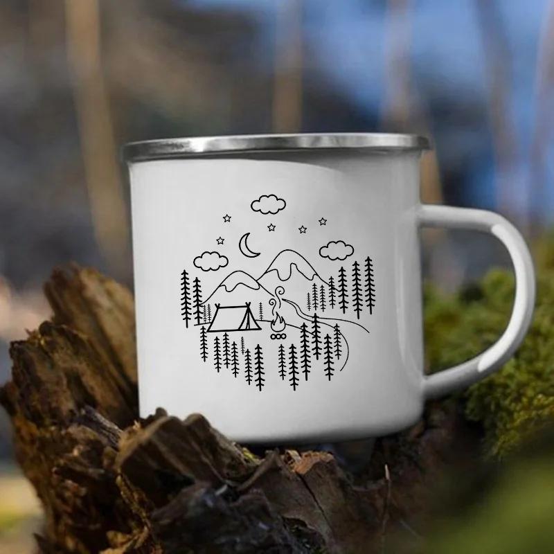 Stampa 'Le Montagne Aspettano' Tazza Smaltata Creativa Campeggio Caffè Tè Acqua Latte Tazze Manico Bicchiere Vacanza Escursionismo Regalo