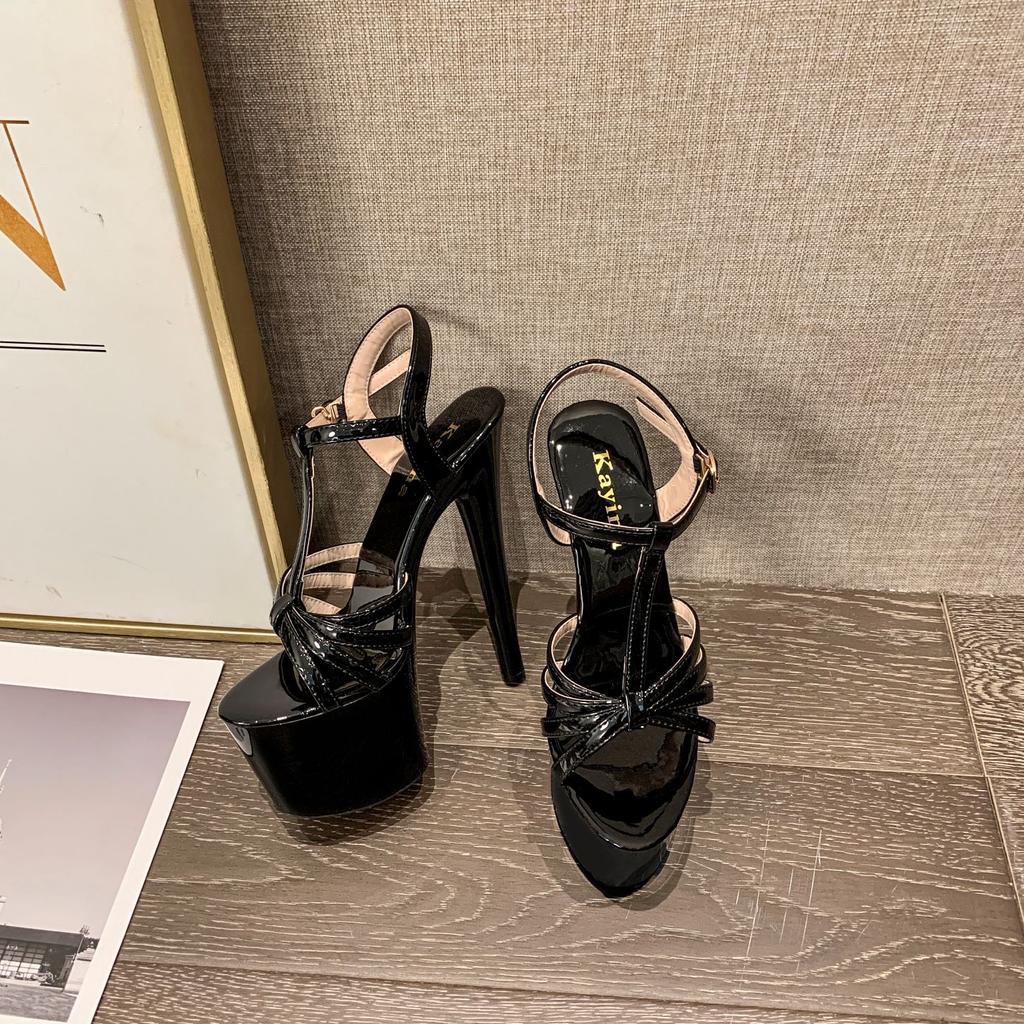 Summer Women's Sandals Sexy Waterproof Platform T-strap Combination Patent Leather High-heeled Sandals Nightclub Shoes