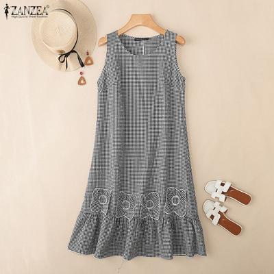 Women Casual Round Neck Summer Sleeveless Grid Print Dress