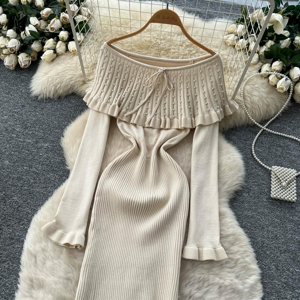 Autumn Winter Women Elegant Slash Neck Off Shoulder Beading Knitted Sweater Long Midi Christmas Party Dresses
