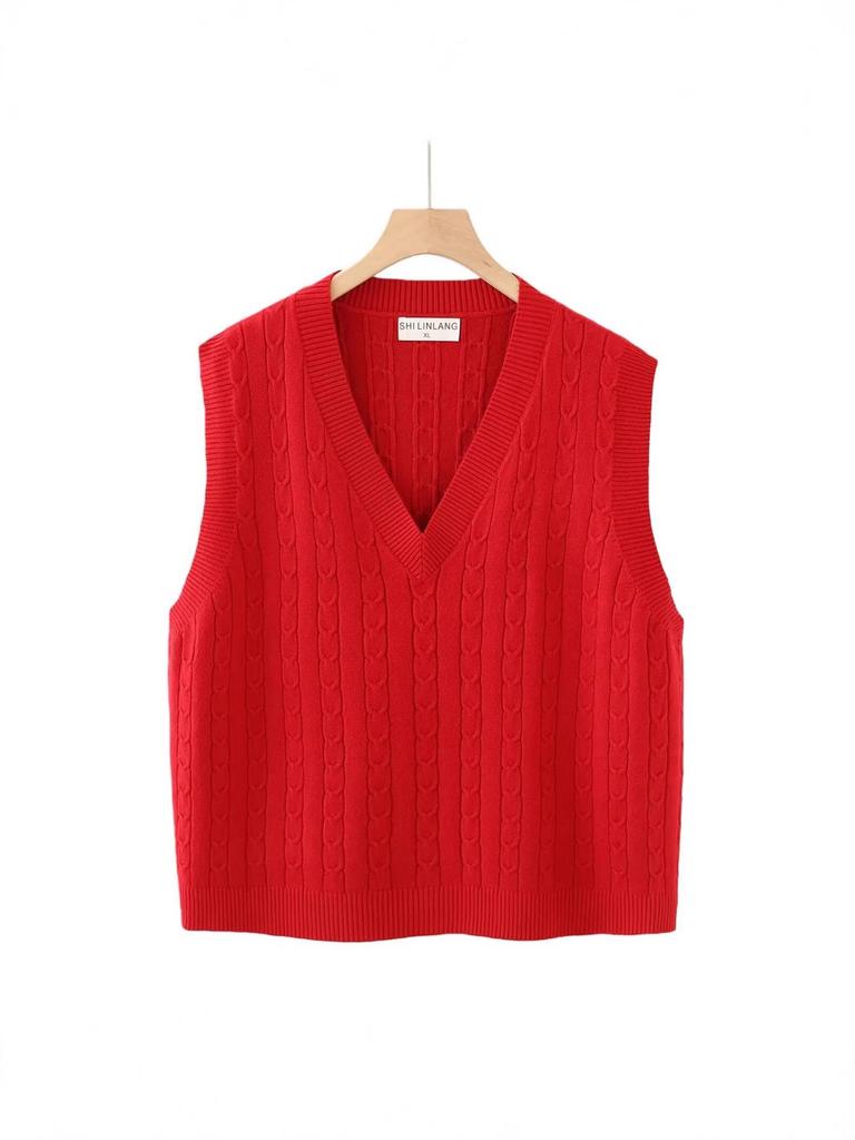 2026 Spring Korean V-neck Cable Knit Vest: Women's Plus Size Sleeveless College Style Layering Tank Top Shrug
