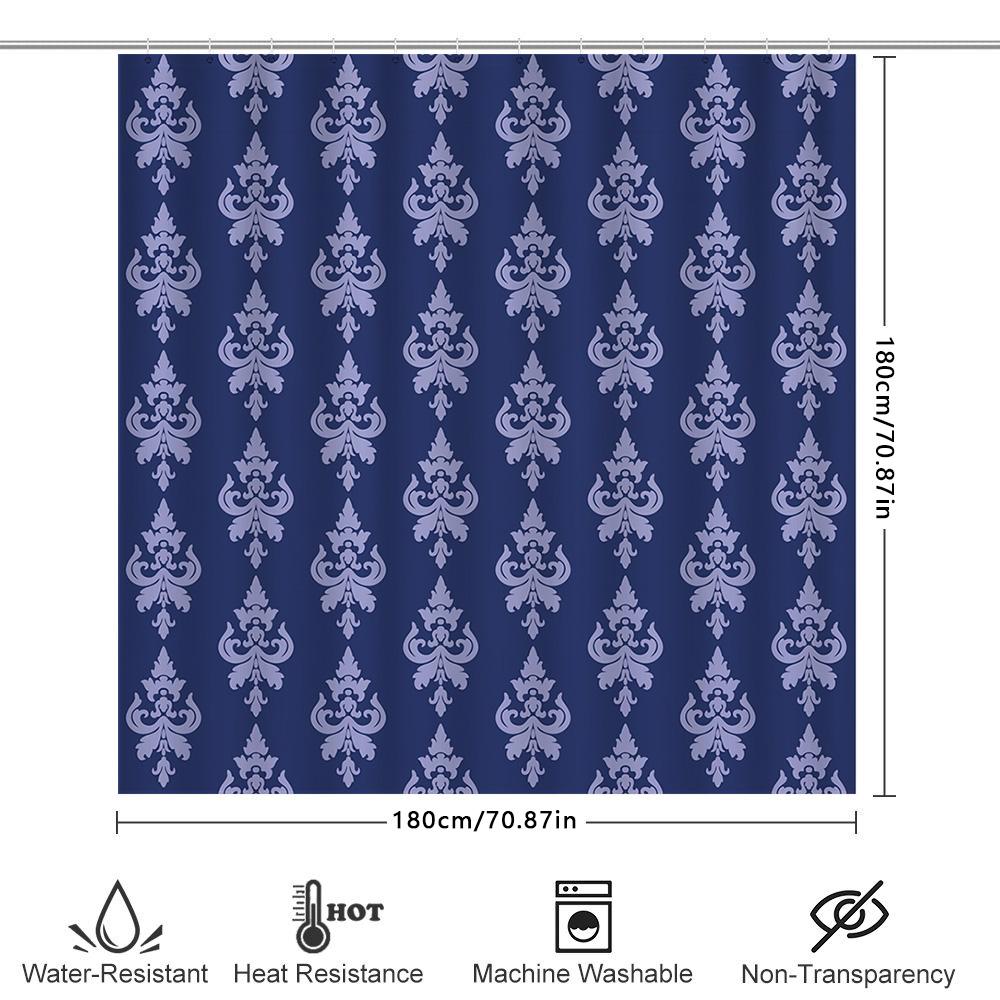 Blue Damask Shower Curtain Set Bathroom Decor Waterproof Fabric 2