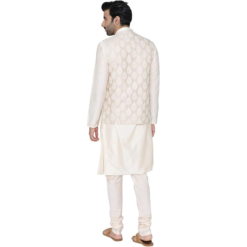 Manyavar Men s Silk Kurta Pyjama with Waist Coat (JAST072_Off-White_Small) S белый