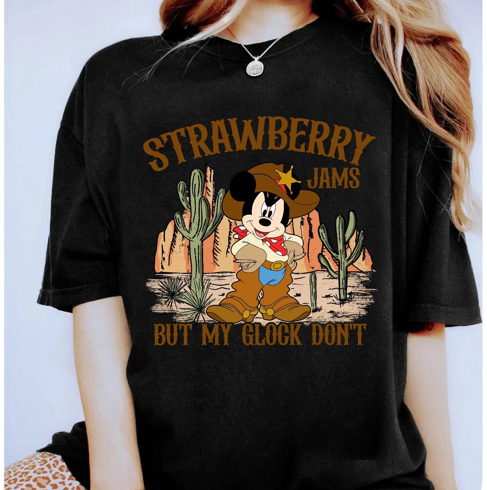 

Strawberry Jams But My Clock Don 100% Cotton T-shirt Mens Womens Tees Top, Cowboy Mickey Unisex Shirt 2XL