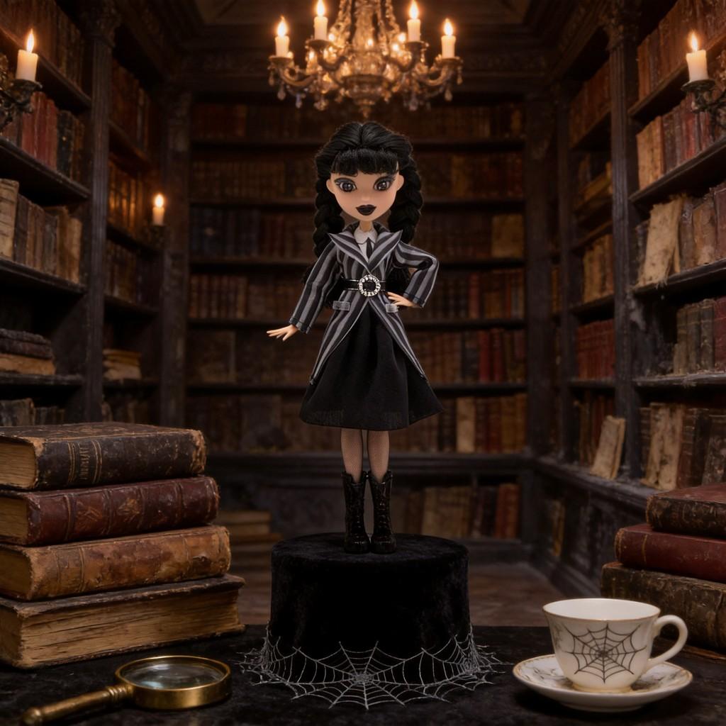 Wednesday Addams 9 Zoll PVC-Puppe mit Schuluniform und dunklem Stil Dekor