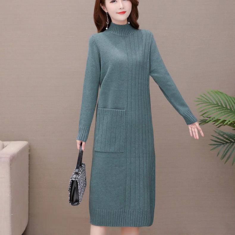 Knitted Dress for Women In Autumn and Winter Korean Style Loose Mid-length Pullover Solid Color Half Turtleneck Sweater Dress