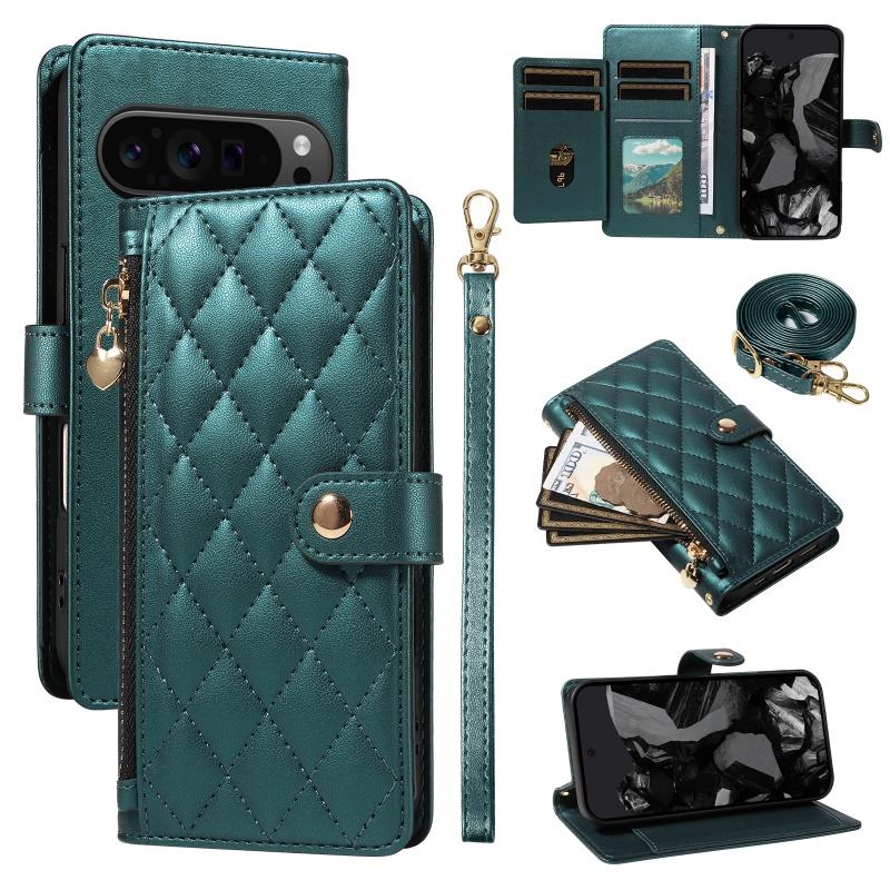 Long Lanyard Leather Zipper Flip Purse Phone Case For Google Pixel 10 Pro XL 9 9A 8 8A 7A 7 6A Wrist Strap Wallet Card Cover Bag