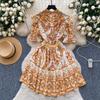 Summer Women Elegant Flare Sleeve Designer Print Runway Dresses V-neck Single Breasted Mini Short Party Dress