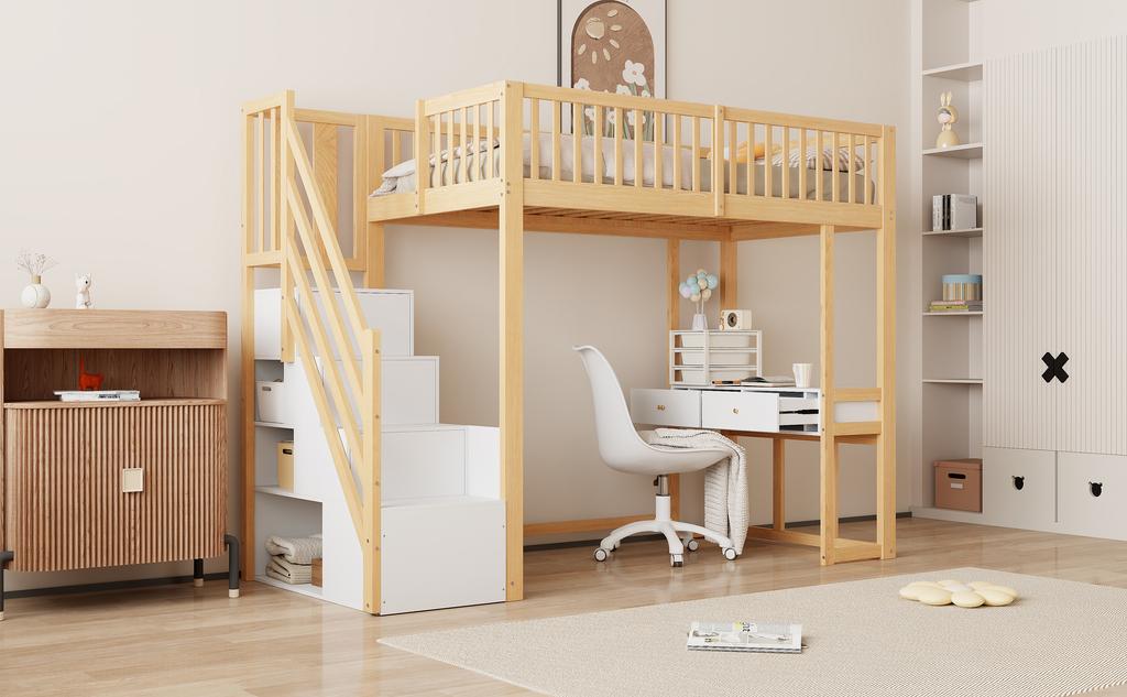 90x200 Loft Bed with Multifunctional Table, Safe Storage Staircase, Bed Frame Made of Solid Pine Wood for Children and Teenagers White