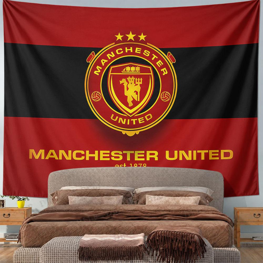 A red and black background with a golden Manchester United crest. Patterned tapestry for bedroom and living room home decor
