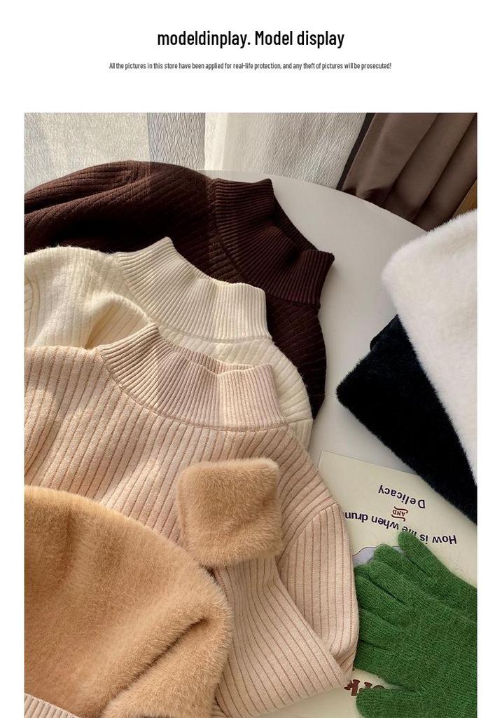 Women's Fleece-Lined Thick Sweater for Autumn/Winter, Half-High Collar Plush Base Layer, High-Grade Warm Top.