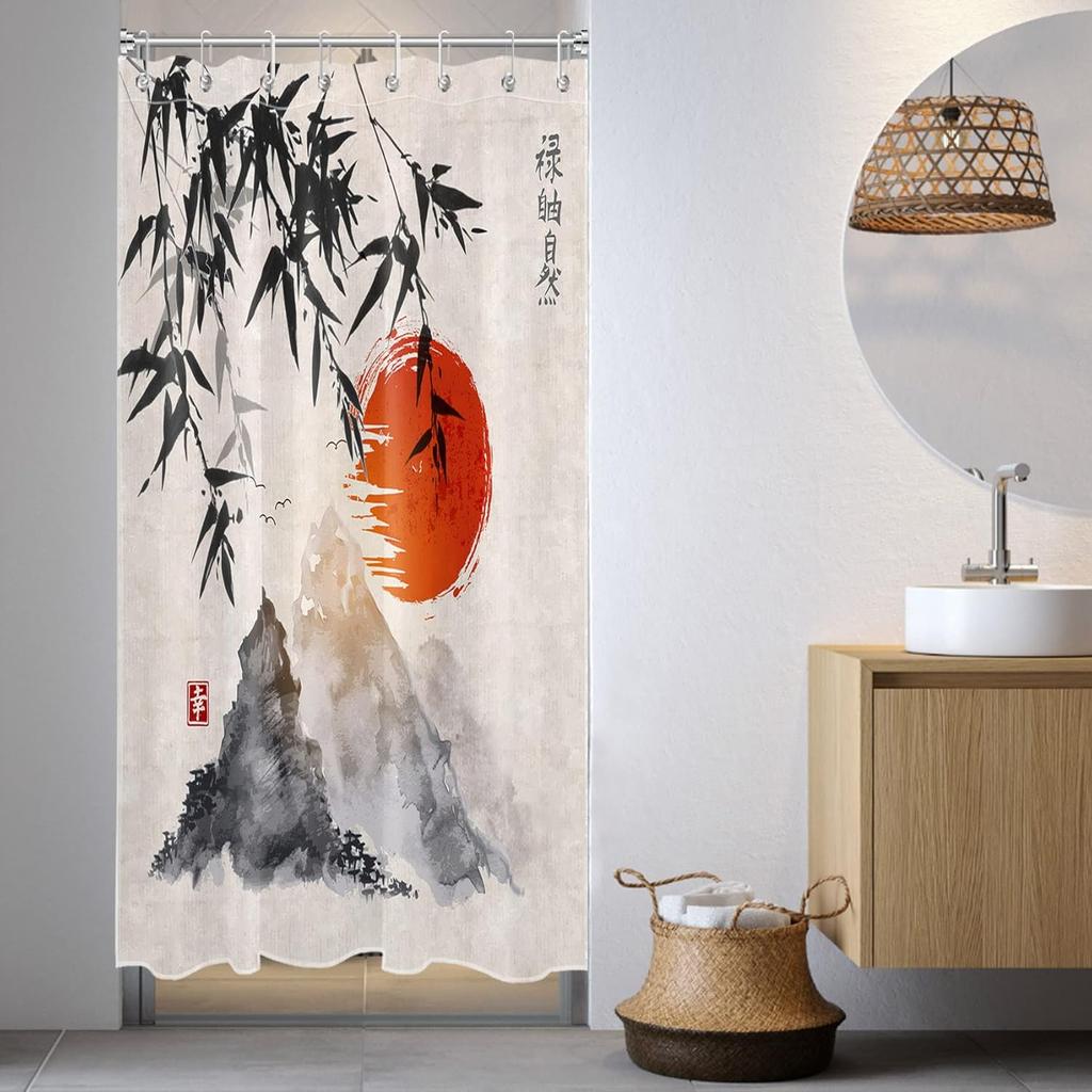 Japanese Shower Curtain Black Bamboo Bath Curtain Red Sun and Mountains Asian Ink Painting Anime Bathroom Curtain Set with